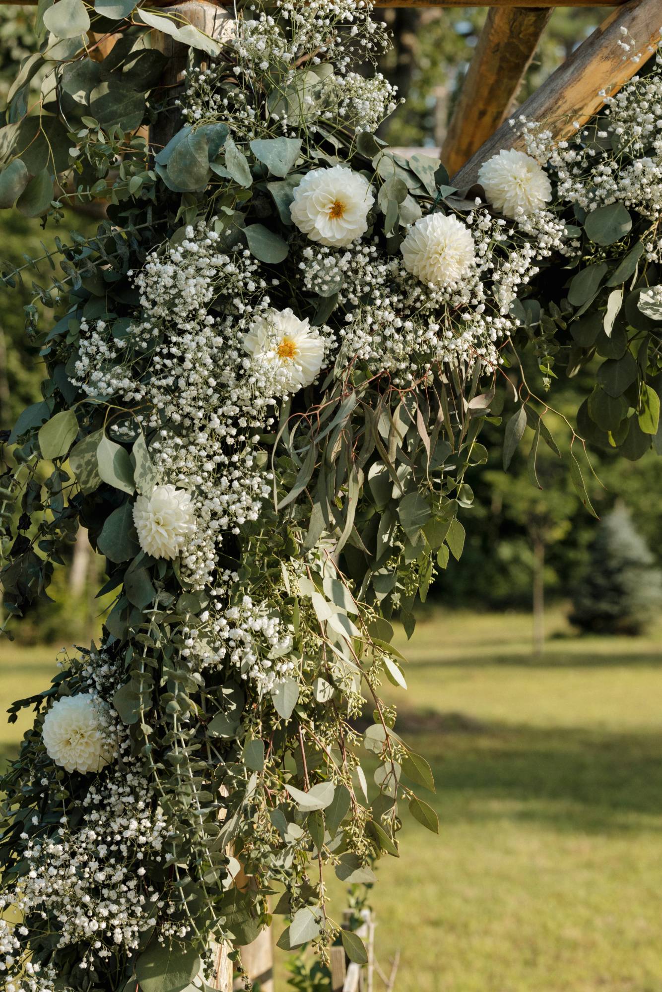 Eucalyptus, baby's breath, and white dahlias on the ceremony arch